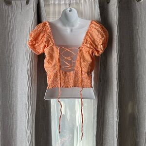 Source Unknown Orange Gingham Lace-Up Crop Top